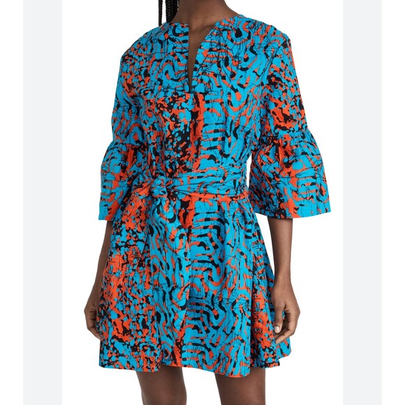 The OULA Company Tie Front Split Neck Dress Blue Orange Print Bell Sleeves S EUC - Picture 1 of 12